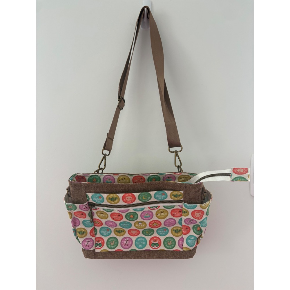 Handmade Camping Dog Badge Print Crossbody Brown Canvas Messenger Purse Unused